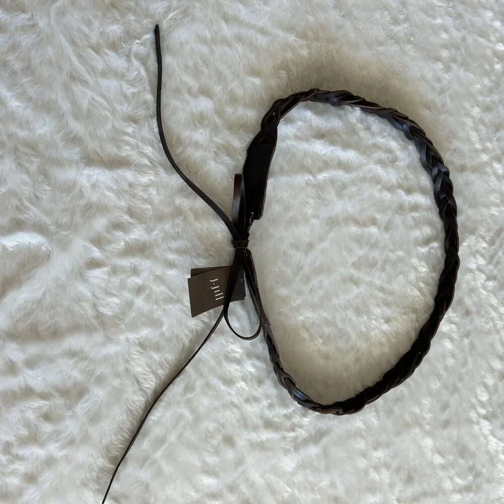 NWT J. Jill Dark Brown 100% Leather Woven Braided Tie Belt - XL
